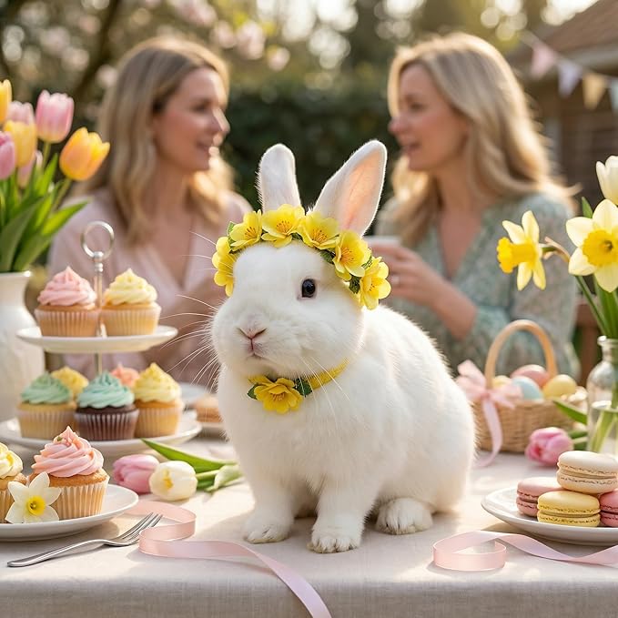 Yellow Floral Pet Crown for Cats and Rabbit, Adjustable Flower Headpiece with Ribbon Tie, Silk Flowers, 3D Surround Design