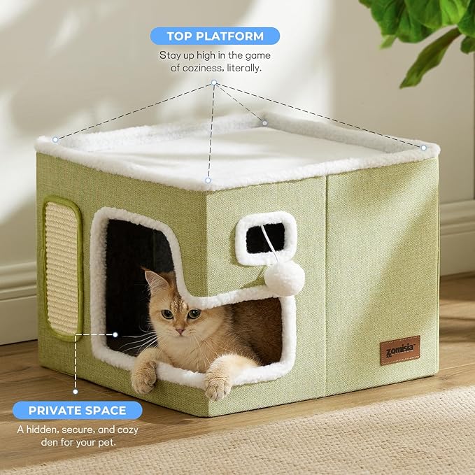 ZOMISIA Cat Beds for Indoor Cats - Large Cat House for Pet with Fluffy Ball Hanging and Scratch Pad, Foldable Cat Hideaway,16.5x16.5x13 inches, Navy