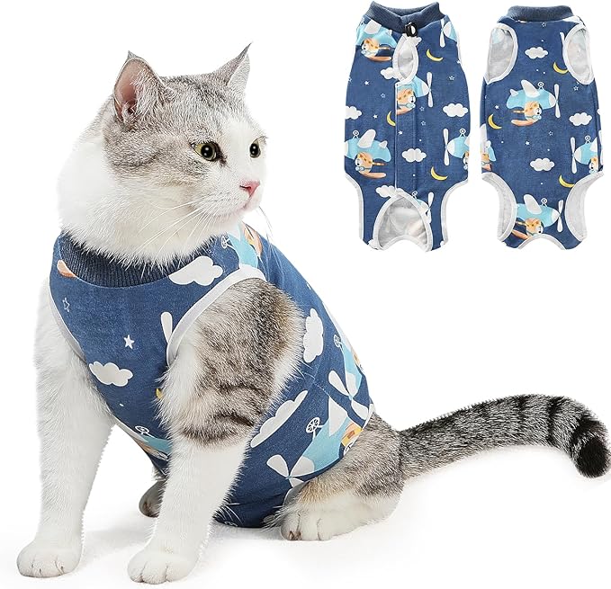 SlowTon Cat Recovery Suit - Cat Onesie for Cats After Surgery Female Male, Kitten Clothes Cats Surgical Spay Suit Abdominal Wounds, E-Collar Alternative Bodysuit Shirt Anti-Licking (Navy, L)
