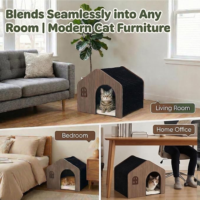 Wooden Cat House for Indoor Cats - Plush Corduroy Semi Enclosed Cat Condo, Dual Sided All Season Washable Cat Bed, Sturdy Modern Cat Furniture for Small & Medium Cats Up to 20lb/9kg