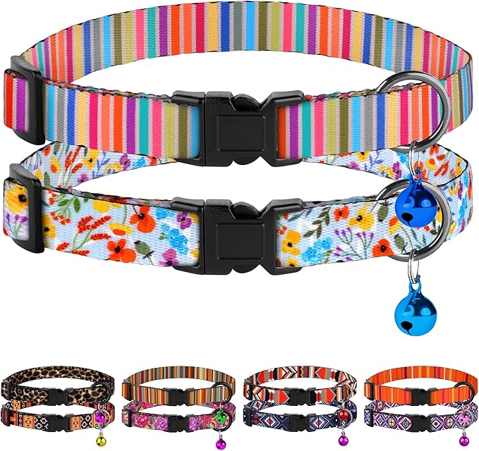 2 Pack Cat Collars with Bell - Breakaway Soft Collar for Girl & Boy Cats, Adjustable Safety Cute Kitten Collars – Comfortable Stylish Patterned Print Design Lightweight (Floral + Striped)