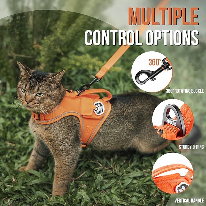 OneTigris Cat Harness and Leash - Escape Proof Soft Adjustable Cat Harness, Breathable, Comfortable, Durable Water-Resistant Tactical Vest with Reflective Strips and Pocket for Cat Tracker