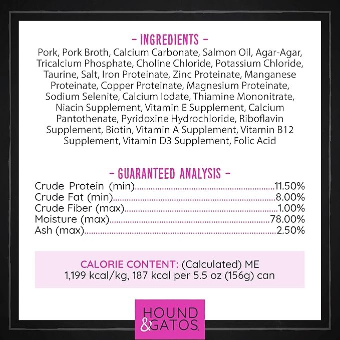 Hound & Gatos Pork Wet Cat Food, Single Protein, 98% Real Meat Formula, Grain Free Limited Ingredient Cat Food, 5.5 oz Cans (Pack of 24)