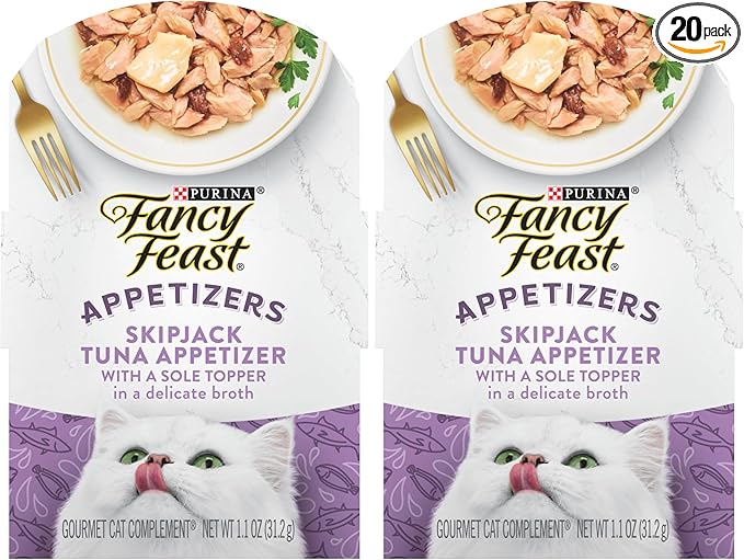 Fancy Feast Purina Appetizers Lickable Grain Free Wet Cat Food Topper Skipjack Tuna Appetizer with Sole - 1.1 oz. Trays,(Pack of 20)
