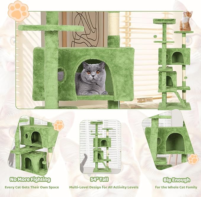 54" Cat Tree for Indoor Cats - Multi-Level Cat Tower with Scratching Posts, Jumping Platforms, Spacious Condo, Cat Bed Cave & Hidden Spaces - Durable Cat Furniture - Green