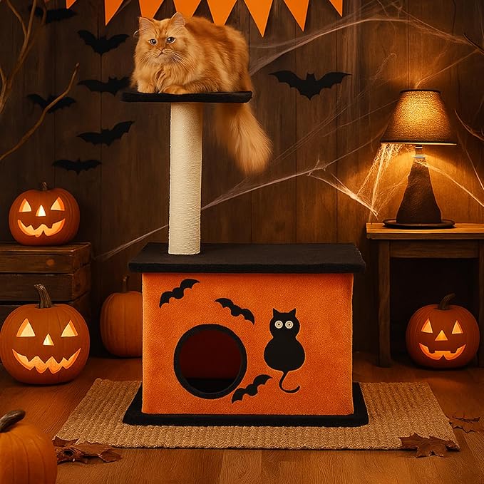 33" Halloween Cat Tree with Spacious Cat Condo, Small Cat Tower for Indoor Cats with Large Platform, Sisal Scratching Post - Spooky Cat Furniture for Small to Medium Cats, Orange & Black