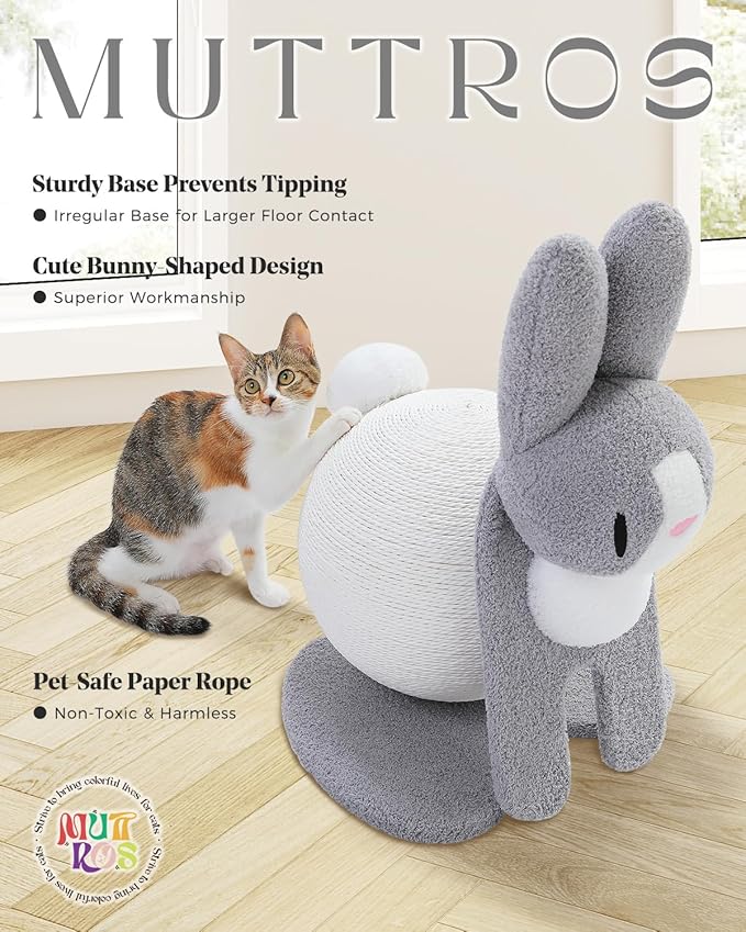 MUTTROS Cute Cat Scratcher- Bunny Style, Cat Scratching Post with Paper Rope, Extra Large Cat Scratch Ball (Ø11.8) for Indoor Kitten, Rabbit Scratch Ball for Kitty to Climb & Play, Gray