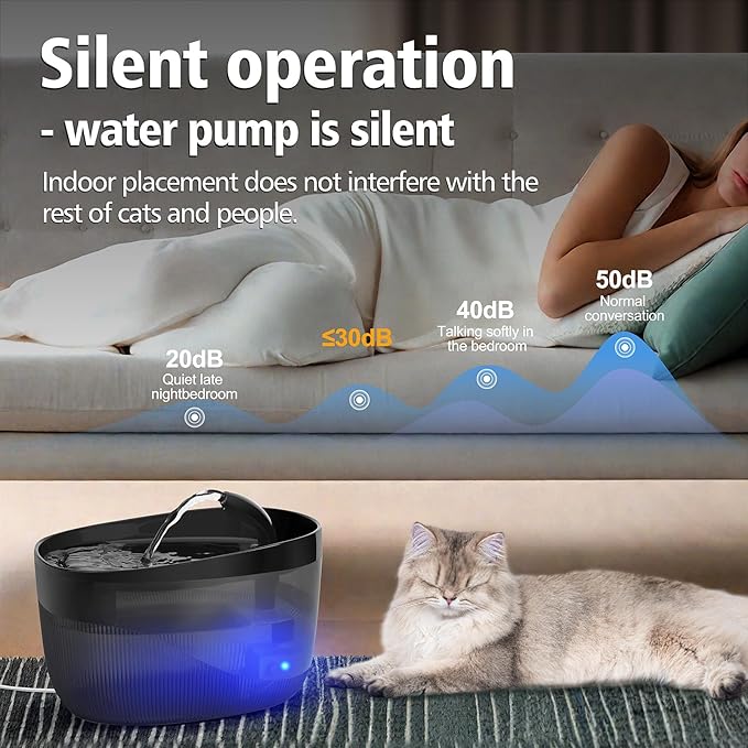 74oz/2.2L Cat Water Fountain, Automatic Indoor Pet Fountain Cat Water Dispenser with Ultra Quiet Pump, 2 Flow Modes, Triple Filter, LED, BPA-Free (Black)