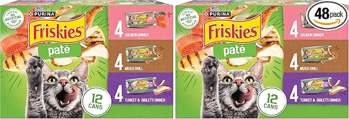 Friskies Purina Wet Cat Food Pate Variety Pack Salmon Dinner, Turkey and Giblets Dinner and Mixed Grill - 5.5 oz. Cans (Pack of 48)