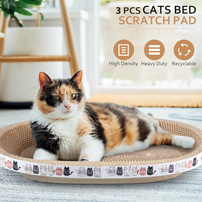 Mixweer 3 Pcs Cat Scratcher Cardboard Large Oval Cat Scratch Pad Board Bed Bowl 2 in 1 Corrugated Lounge Couch Nest for Cats Grinding Claw Furniture Protector Indoor