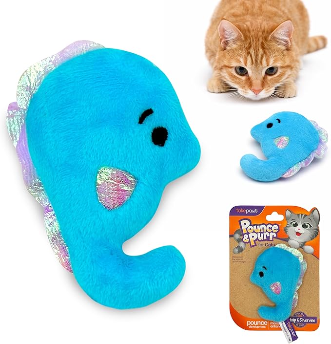 Pounce & Purr® Plush Cat Toys, Catnip & Silvervine Infused, Shiny Iridescent Accents, Interactive Play Toys for Cats & Kittens (Seahorse)
