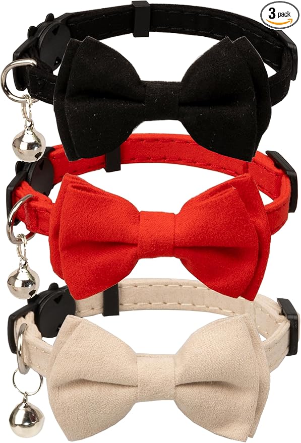 Cat Collar with Bow Tie Bell Breakaway Kitten Small Pet Safety Solid Wedding Basic Pure Color Suede Soft Adjustable [3pcs] Black & Cream & Red