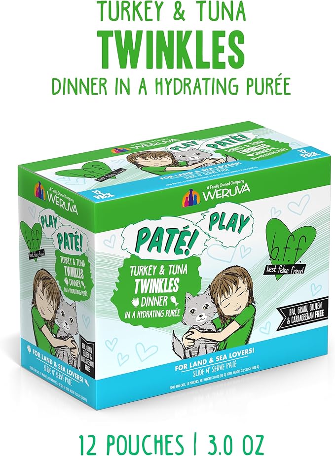 Weruva B.F.F. Play - Best Feline Friend Paté Lovers, Aw Yeah!, Turkey & Tuna Twinkles with Turkey & Tuna, 3oz Pouch (Pack of 12)