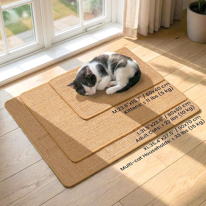 Conlun Cat Scratcher Mat,Sisal Cat Scratch Pad with Hook&Loop Tape,Wall Floor Kitten Scratching Pads Rug for Indoor,Furniture Protector for Couch&Carpets&Sofas,Kitty Bithday Gifts,Medium,Brown,2 Pack