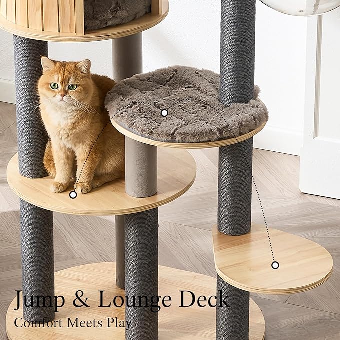 797Audio Wood Modern Cat Tree, 65" Cat Tower with Sisal Scratching Posts, Cat Condo, Capsule and Bed, Solid Wooden Aesthetic Multi-Level Cat Climbing Tree for Large Adult Indoor Maine Coon Cats-Gray