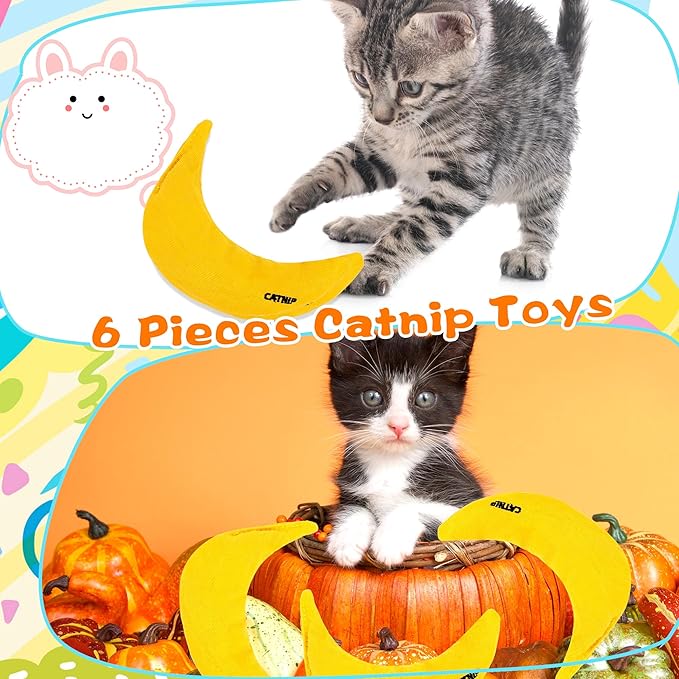 6 Pack Banana Catnip Toys Yellow Cat Chew Catnip Toys Banana Cat Pillow Toys Kitten Interactive Stuffed Banana Catnip for Kitten Cats Indoor Bites Scrub Claws Toys