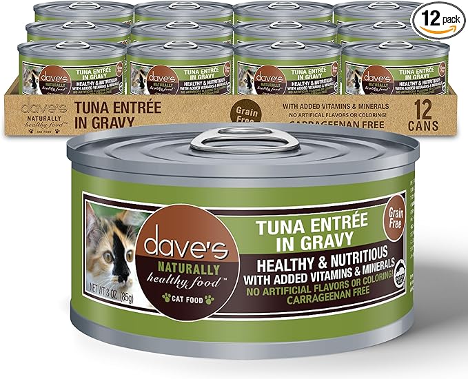 Dave's Pet Food Grain Free Wet Cat Food (Tuna Entrée in Gravy), Naturally Healthy Canned, Added Vitamins & Minerals, Wheat & Gluten-Free, 3 oz (12 Pack)