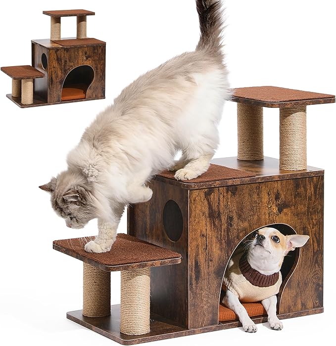 FUKUMARU 3-in-1 Pet Stairs, Retro-style Dog Steps for Cats and Small Dogs, Wooden Cat Stairs for High Bed with Scratching Post, Dog Ramp for Couch with Cat Condo Cave, Easy to Clean & Aesthetic Design