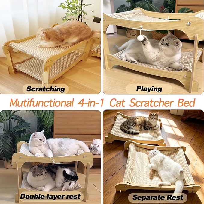 Two Level Sisal Cat Scratcher for Cats, Double Cat Bed with Interactive Hanging Plush Ball, 2 Tier Scratching Post for Indoor Small Medium Cats Kittens