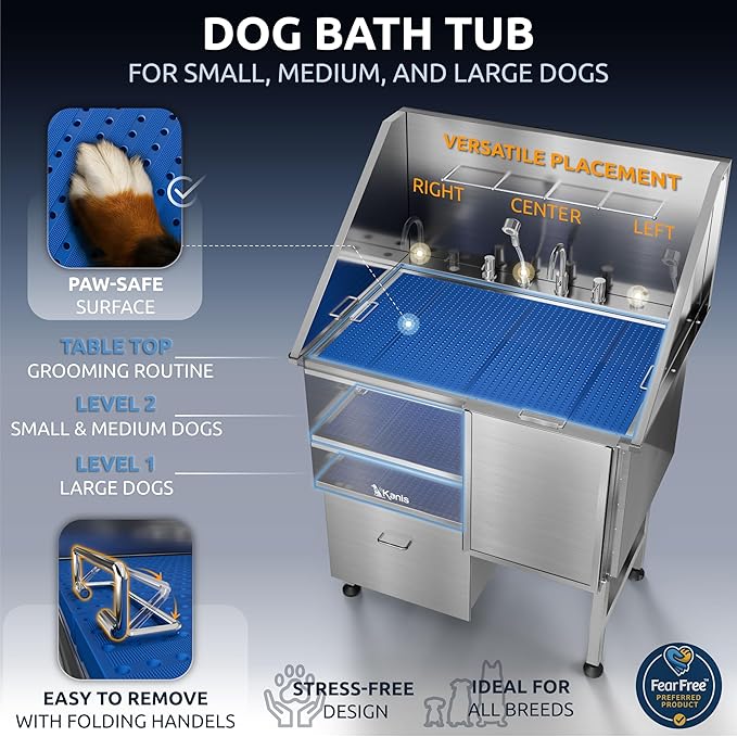 KANIS Professional Dog Washing Station 304 Stainless Steel Pet Wash Sink & Grooming Bathtub w/Shower, Floor Grates and Storage for Large, Medium & Small Pets (Silver, 40 Inches, Right Ramp, 1 Drawer)