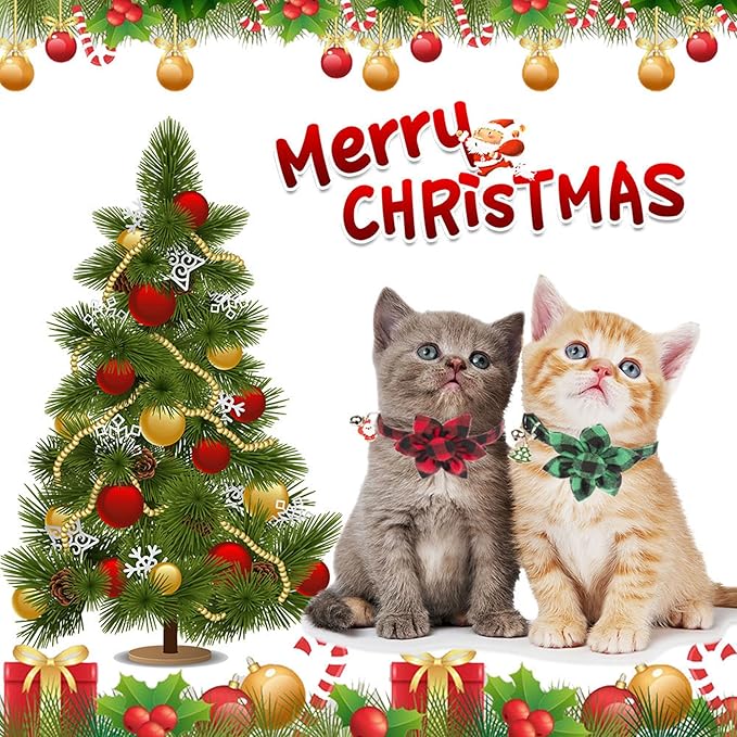 ADOGGYGO Christmas Cat Collars with Flower Bell, 2 Pack Breakaway Cat Christmas Collar with Removable Floral, Red Green Plaid Flower Collars for Cats (Red&Green-2)