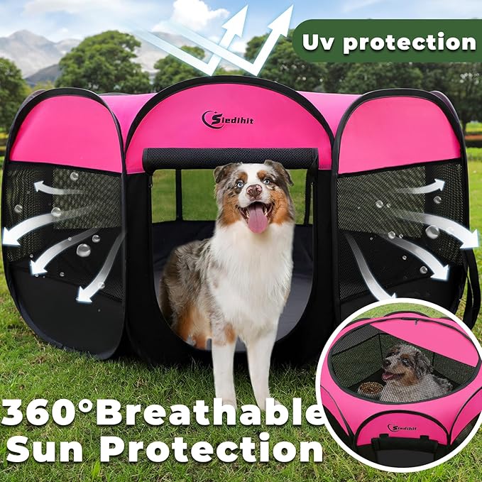 Siedihit Dog Cat Playpen, Large Puppy Pet Playpen, Dog Crate Tent Cage Indoor/Outdoor, Portable Pop Up Dogs Kennel Playpen with Carrying Case for Dogs/Cats/Rabbits, Hot Pink