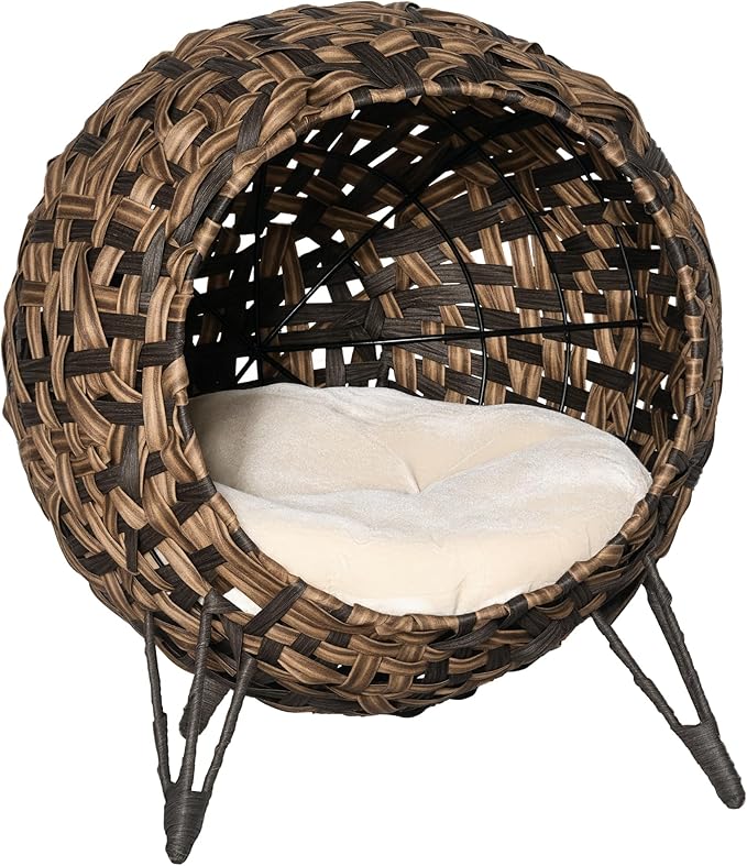 PawHut 20.5" Weaved Cat Bed, Elevated Hand-Woven Braided Banana Leaf Kitten House Condo with Cushion, Brown