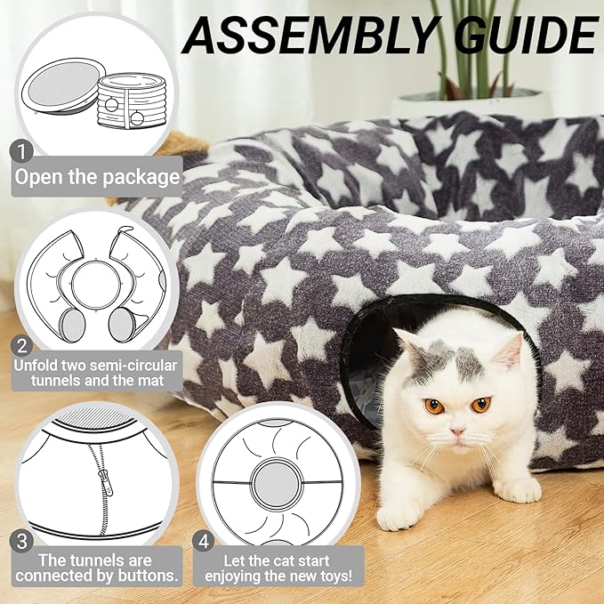 Large Cat Tunnel Bed Under Christmas Tree with Fluffy Toy Balls, Small Cushion and Flexible Design- 10 inch Diameter, 3 ft Length- Great for Cats, and Small Dogs, Gray Star Pattern