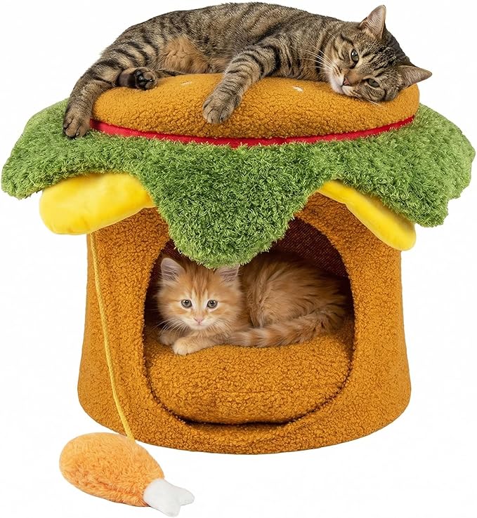 PETSITE 3-in-1 Burger-Inspired Cute Cat House, Multifunctional Cat Ottoman with Interactive Cute Chicken Drumstick-Shaped Toy and Removable Soft Cushion, Cat Hideaway Footstool for Indoor Cats