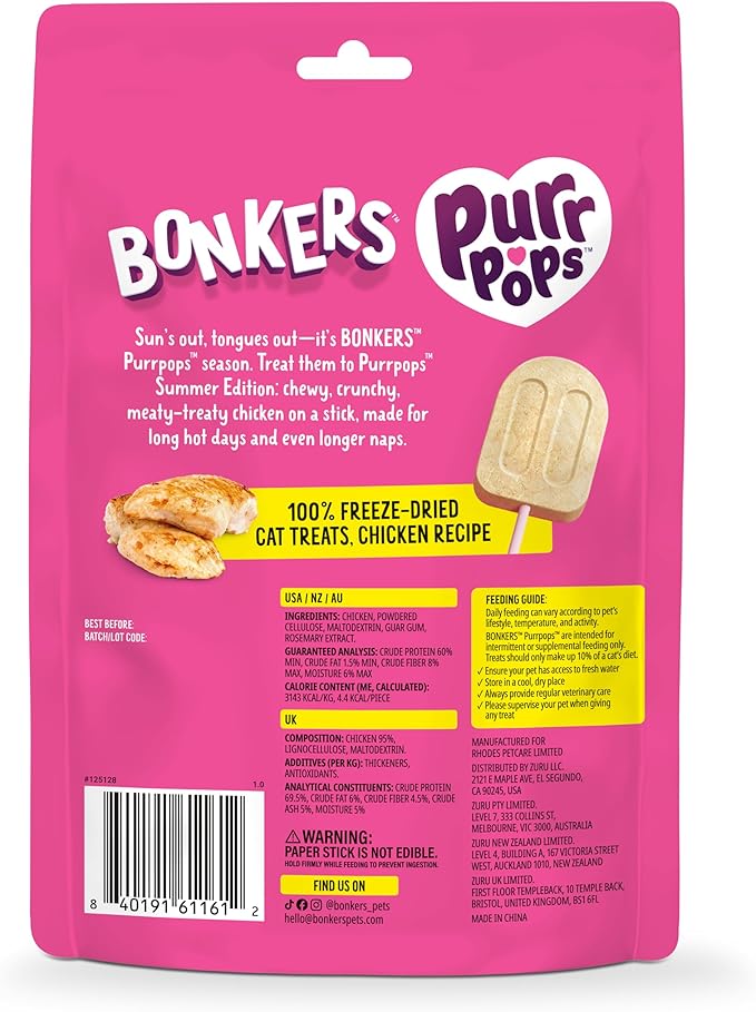 Bonkers Purrpops, Summer Edition Freeze Dried Chicken Flavored Lollipop Cat Treats, 55 Pieces (11 Packs)