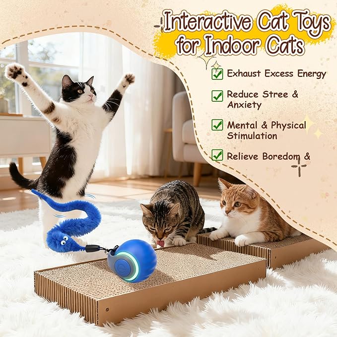1 PCS Interactive Cat Toy Ball,Newly Speedy Tail and Moving Cat Tail Toy, Indoor Interactive Kitten Teaser Toys for Boredom, Automatic Cat Exercise Toy for Cats with 4 Tails-Blue