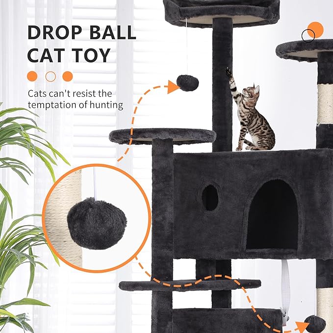70 Inch Cat Tree Tower - Multi-Level Kitten Condo with Scratching Post, Plush Perch, Dangling Ball - Heavy Duty for Large Cats - Dark Grey