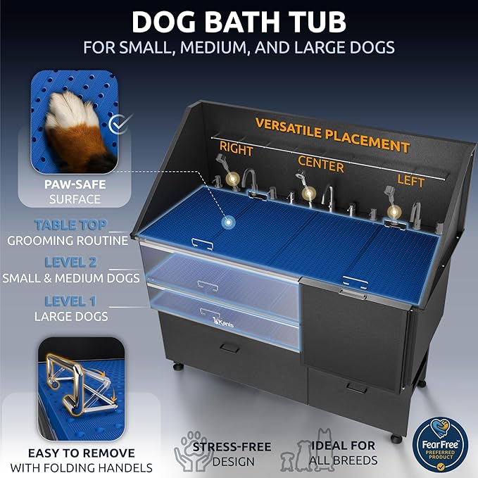 KANIS Professional Dog Washing Station 304 Stainless Steel Pet Wash Sink & Grooming Bathtub w/Shower, Floor Grates and Storage for Large, Medium & Small Pets (Black, 61 Inches, Right Ramp, 2 Drawers)