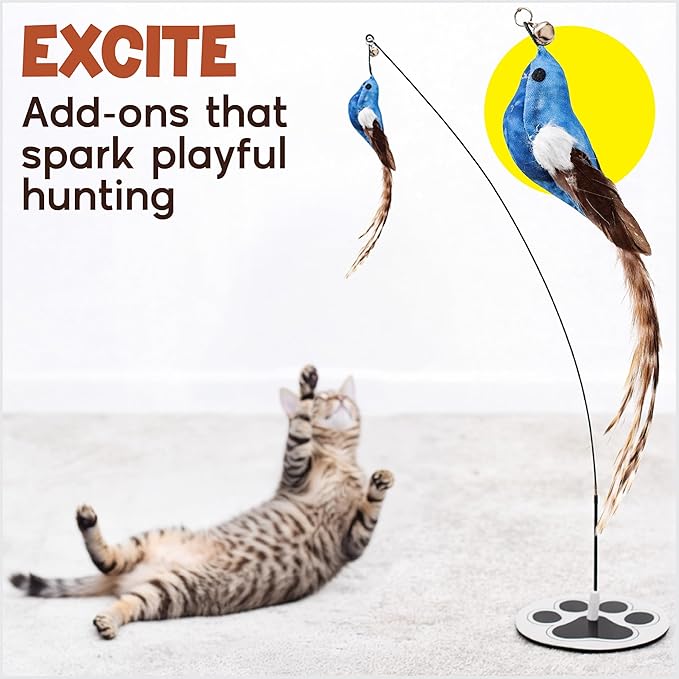 Interactive Cat Toys for Bored Indoor Adult Felines - Any Surface Base Teaser Wand - Feather Stimulation Activity - Bird Simulation Self Play Kitten Enrichment Solo Exercise - Juguetes para Gatos