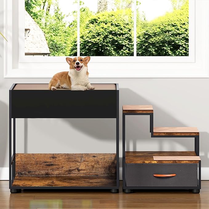 Pet Step Window Perch with Stairs and Storage Drawer, Bunk Beds for Dogs and Cats, Bedside Lounge Elevated Dog Bed Multi-Level Platform with Sponge, Non-Slip Pad, Vintage (47.3" Lx19.7 Wx25.6 H)