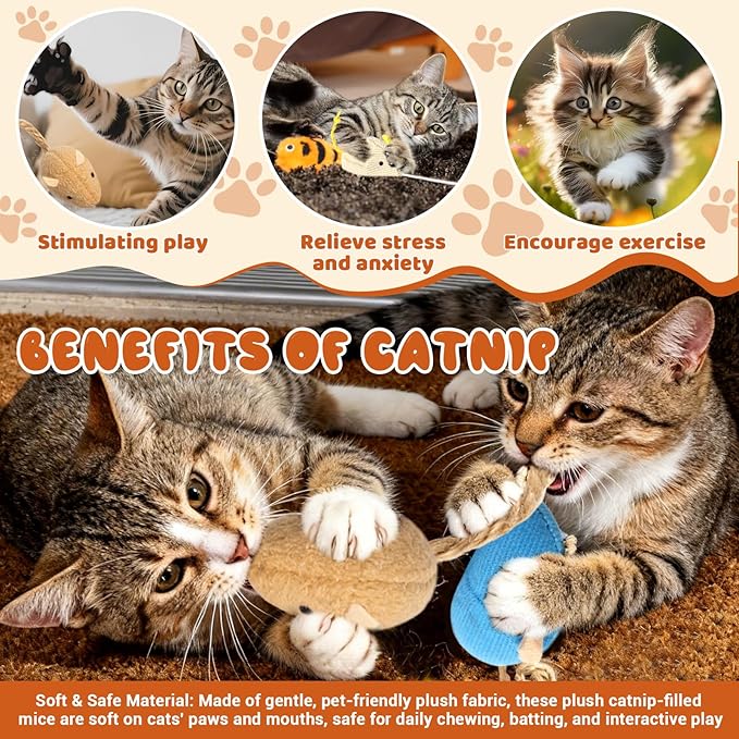 24 Pack 2.36" Colorful Mouse Toy for Cat, Interactive Catnip Animal Toys Plush Catnip Mouse Shaped Biting Toys for Indoor Cats