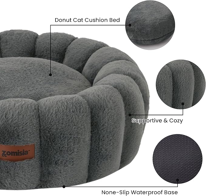 ZOMISIA Cute Cat Beds for Indoor Cats, Striped Small Donut Dog Bed for Puppy and Kitten, Anti-Slip Bottom, Grey
