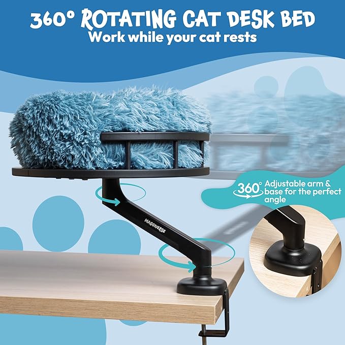 Cat Desk Bed – 360° Rotating Hammock Mount with Strong Clamp | Supports 44 lbs | Reinforced Wood Base, Plush Washable Cushion, Easy Tool-Free Install, Space-Saving Modern Furniture