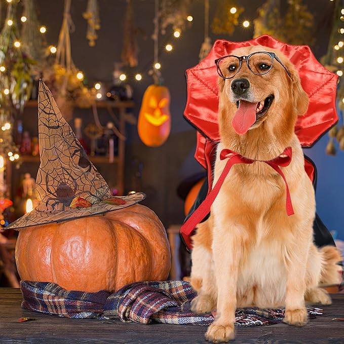 ROSAUI Halloween Pet Vampire Cape – 23.62″ Adjustable Red & Black Costume for Large Dogs (Golden Retriever, Labrador, German Shepherd) Spooky Cloak with Stand-Up Collar (L Size)