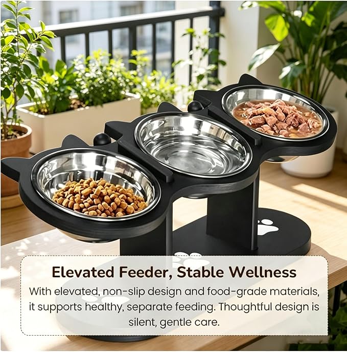 2026 New Anti-Slip Elevated 3-Bowl Pet Feeder, Cat Bowls With Stand Tilted, Stainlesssteel Cat Feeding Station, Ergonomic Elevated Cats Bowls With Wooden Base, Pet Feeding Station For Food & Water (A)