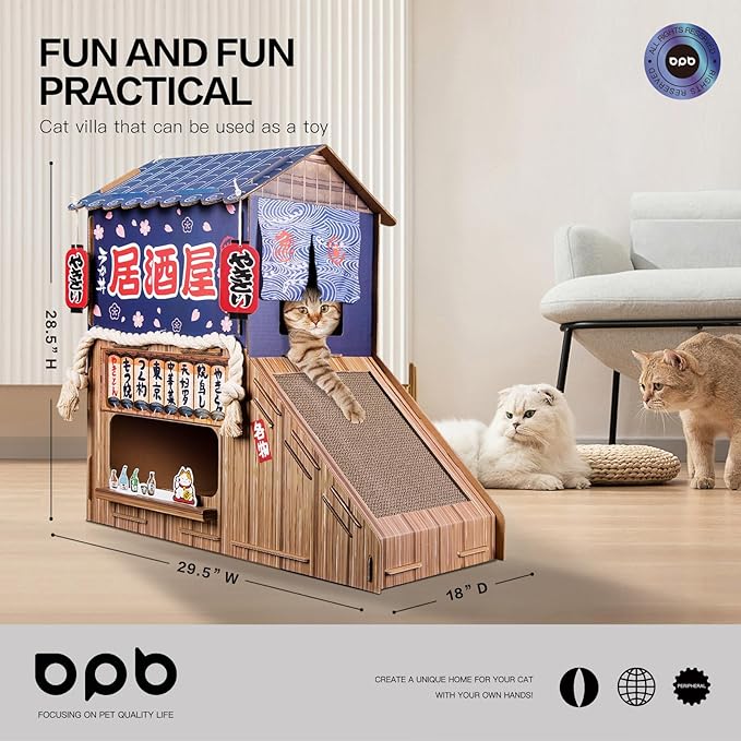 Cardboard Cat House for Indoor Cats,Cat Bed with Cat Toys,Cat Tunnel with Cat Scratching Posts,Large Cat Houses & Condos,Suitable for Kitty of All Weights,29.5inx28.5inx18in.