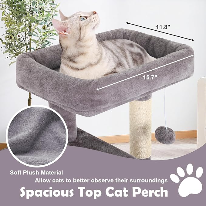 36 Inches Cat Tree for Indoor Cats, Multi-Level Cat Tower with Scratching Posts, Ramp, Plush Perch & 2 Condos, Stable for Multiple Cats Kittens House & Small Room(Ashy)