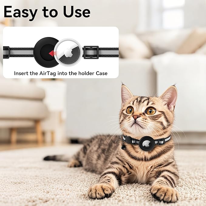 Meliya Airtag Cat Collar Breakaway with Bell, Adjustable Reflective Pet Kitten Collar with Apple Air Tag Holder Case for Girl Boy Cats (Striped Black)