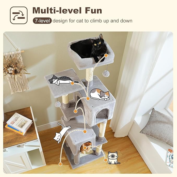 MUTTROS Cat Tree for Indoor Cats, 62-Inch Multi-Level Cat Tower with Scratching Posts for Large Cats, 2 Bigger Plush Condos, Padded Platform, Soft Cat Bed and Scratching Pad, 2 Pompoms, Gray