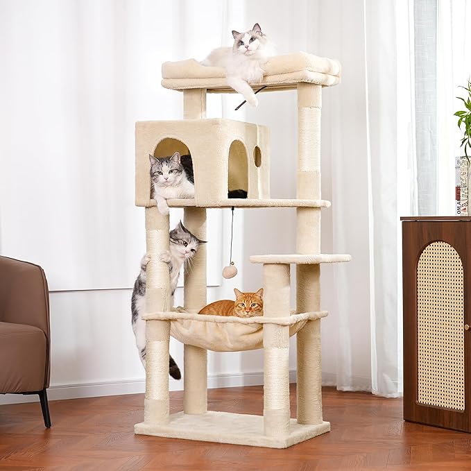 53” Cat Tree for Large Cats 20 lbs+,XL Cat Tower with Scratching Posts,Enlarge Top Bed 23.6”and 21.6”x15”Hammock, Oversized Condo House-XLarge Beige