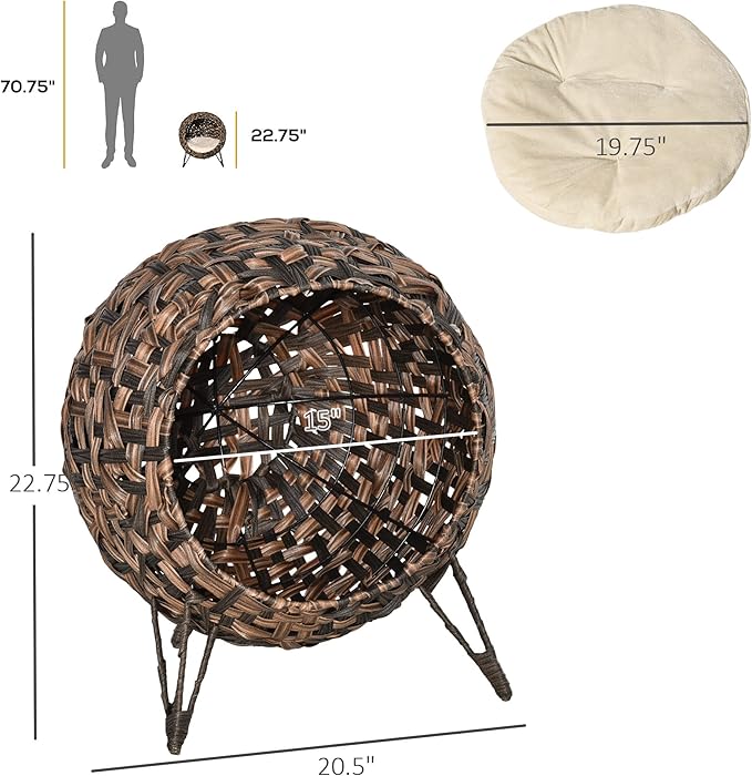 PawHut 20.5" Weaved Cat Bed, Elevated Hand-Woven Braided Banana Leaf Kitten House Condo with Cushion, Brown