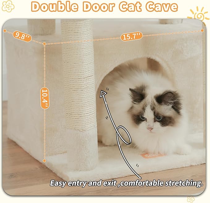 Heybly Cat Tree, Kitten Tower with Large Soft Cat Basket,Cat Condo with Spacious Cat Bed Cave with Hidden Space，Sisal-Covered Scratching Posts,Dangling Ball for Indoor Cats, Beige HCT008SM