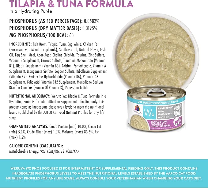 Weruva Wx Phos Focused Tilapia & Tuna Formula in a Hydrating Purée, 3oz Can, Pack of 12