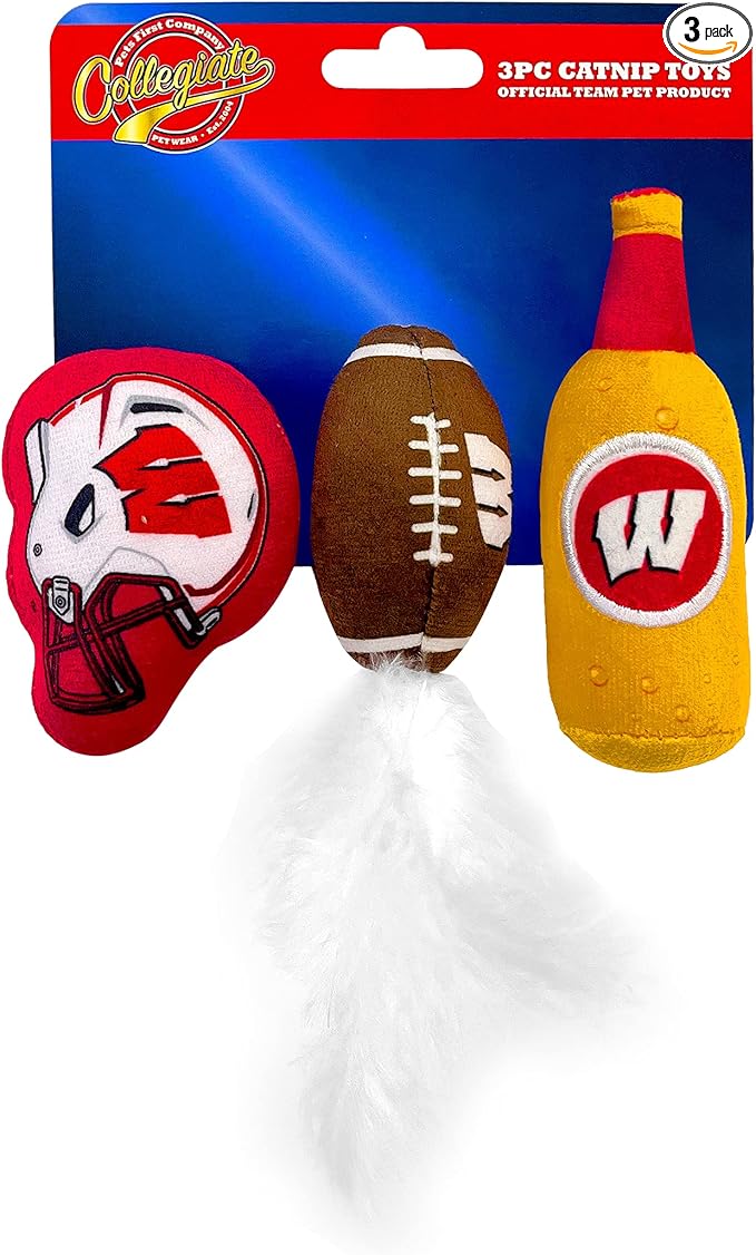 BEST PLUSH CAT TOY - NCAA WISCONSIN BADGERS Complete Set of 3 piece Cat Toys filled with Fresh Catnip. Includes: 1 Helmet Cat Toy, 1 Football Cat Toy with Feathers & 1 Beer Bottle. Beautiful Team LOGO