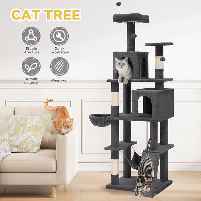 DWVO 75-inch Indoor Cat Tree Tower, Multi-Level Pet Playground, Cat Furniture with Scratch Posts, Hideaway Condos, Soft Perch, Snug Hammock, Climbing Ladder, and Plush Balls for Kittens (Dark Gray)
